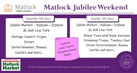 Matlock’s Jubilee Weekend will see a special event over the 4th and 5th of June at Hall Leys Park. Matlock Market will be holding a special Jubilee Market. Find out more,